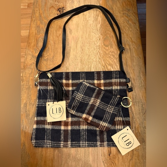 L.I.B. New York Handbags - Plaid Flannel Crossbody Bag Set Black Brown w Coin Purse
